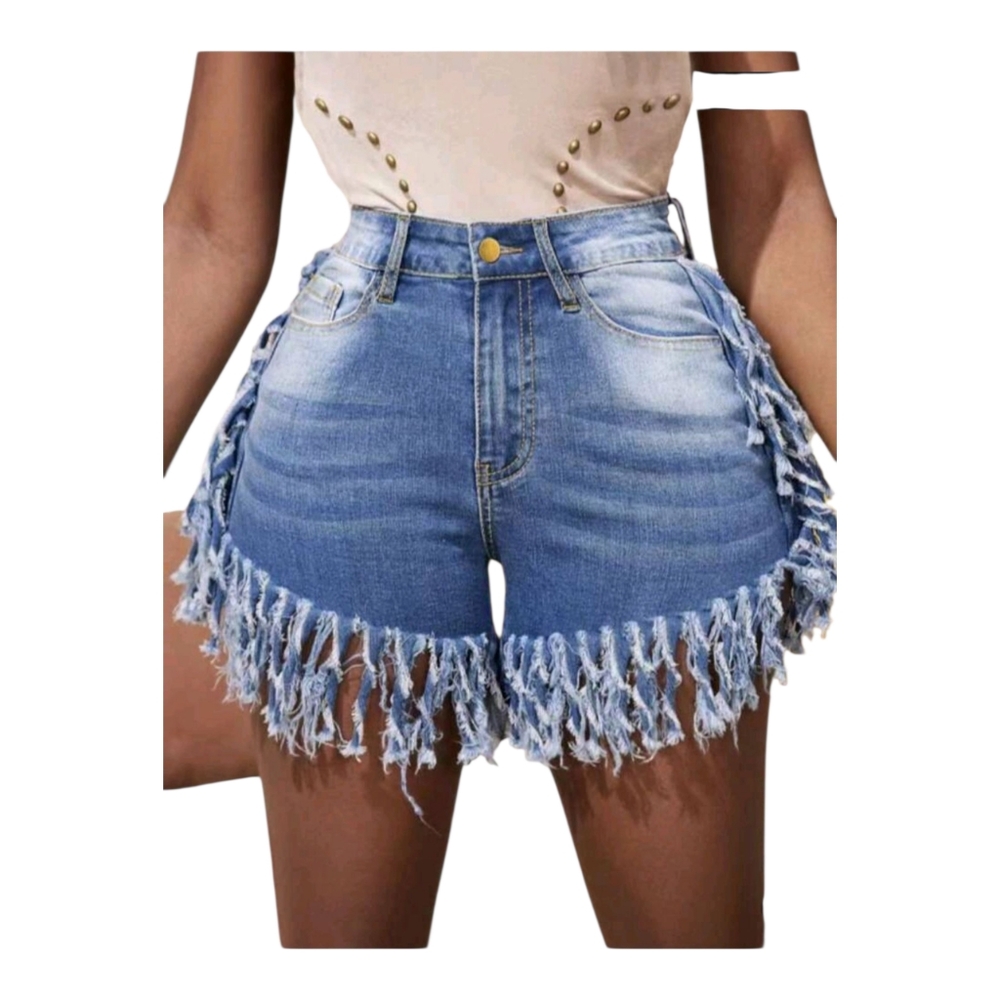 Fashion Nova Blue Fringed Jean Shorts - Picture 2 of 7